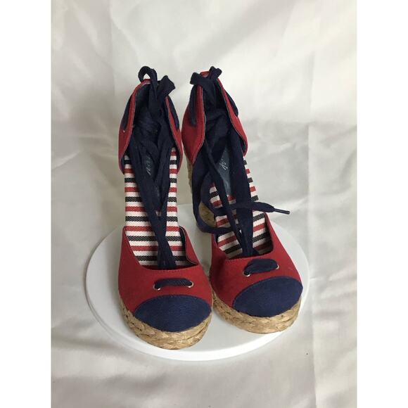 Envy Women Platform Espadrilles Sz. 8 Red Nautical Pin up Resortwear Yacht Party - Picture 6 of 10
